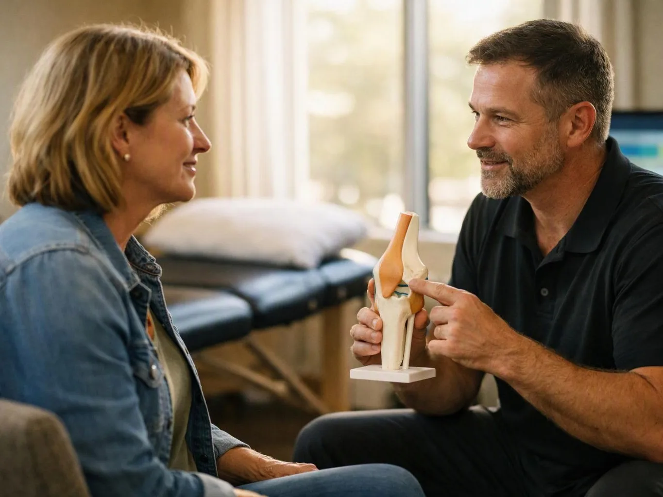 A man shows a knee joint model to a seated woman in a bright clinic room