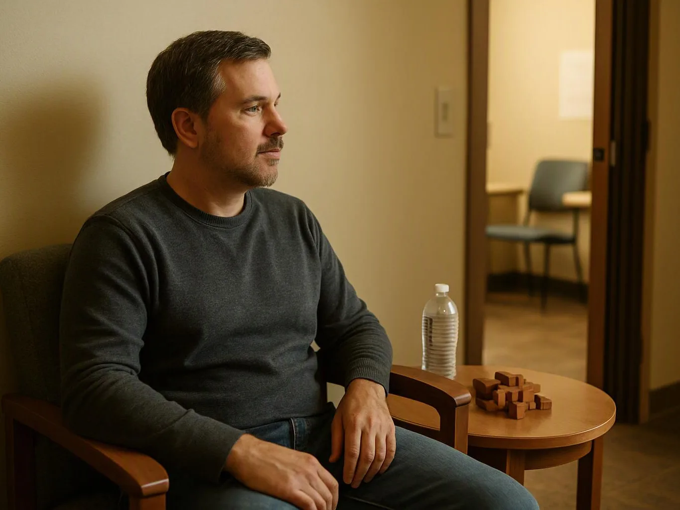 A man sits in a chair, looking left, beside a table with a water bottle and wooden puzzle pieces