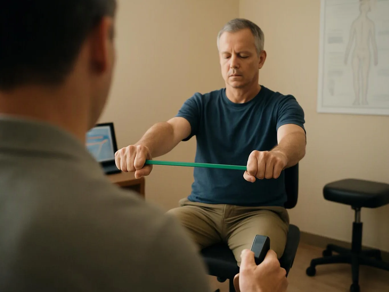 A man sits in a clinic chair stretching a green band while another person watches nearby