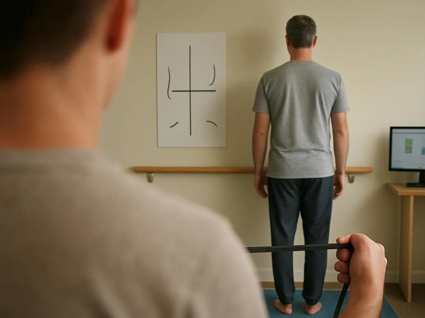 A man stands facing a wall chart in a quiet room while another person holds a strap in the foreground