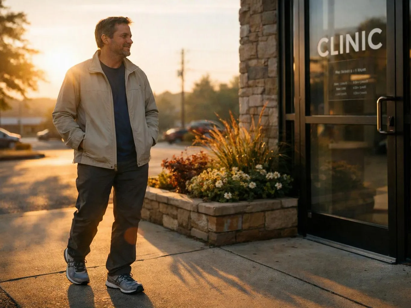 A man stands smiling outside a clinic entrance at sunset, with flower beds and glass doors beside him