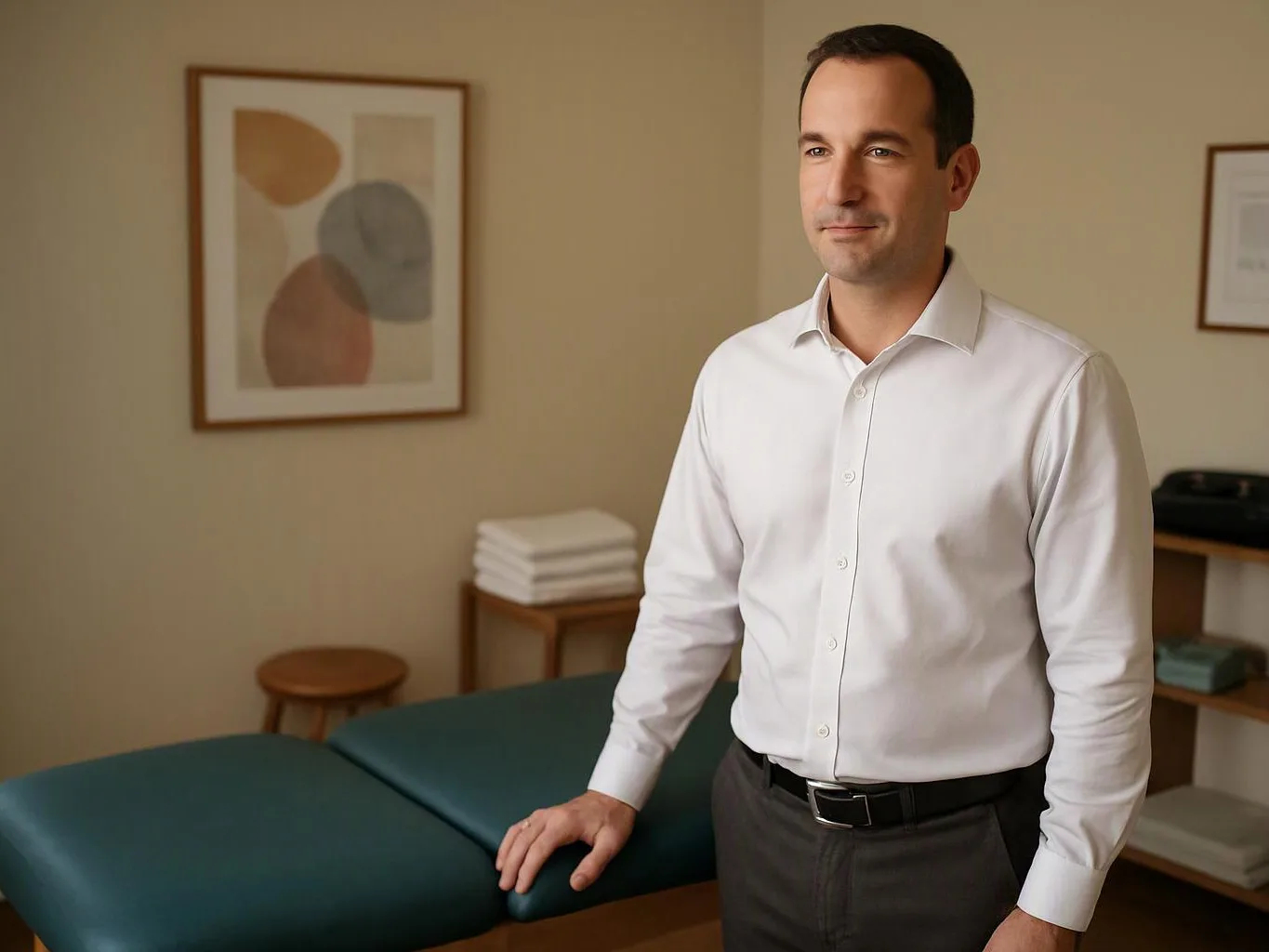A man in a white shirt stands beside a teal exam table in a tidy room with framed wall art and shelves