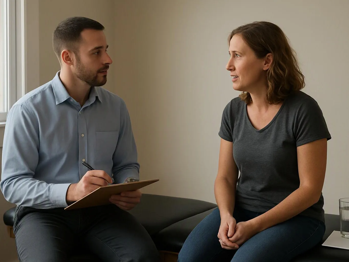 A man writes on a clipboard while speaking with a seated woman in a plain room