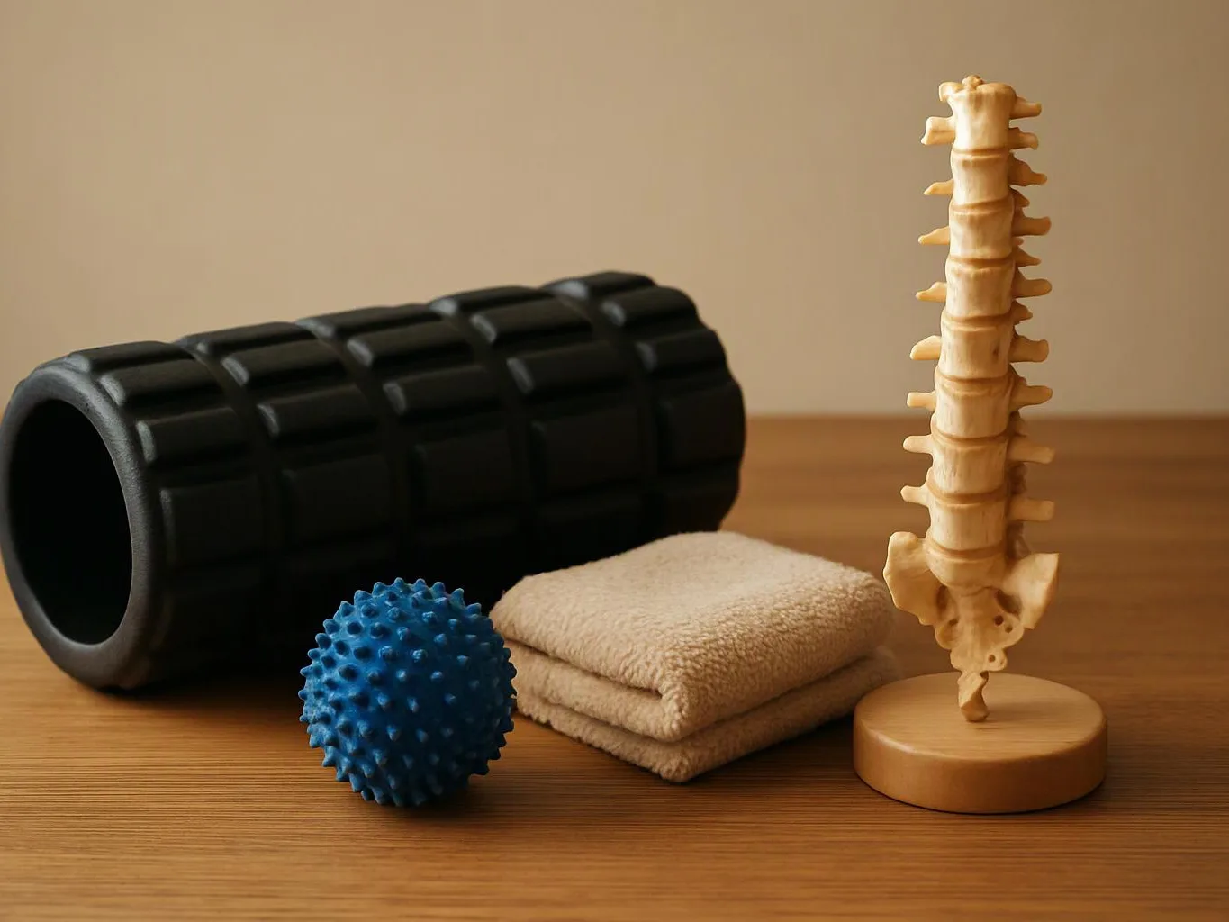 A massage roller, blue spiky ball, folded towels, and a spine model sit on a wooden table