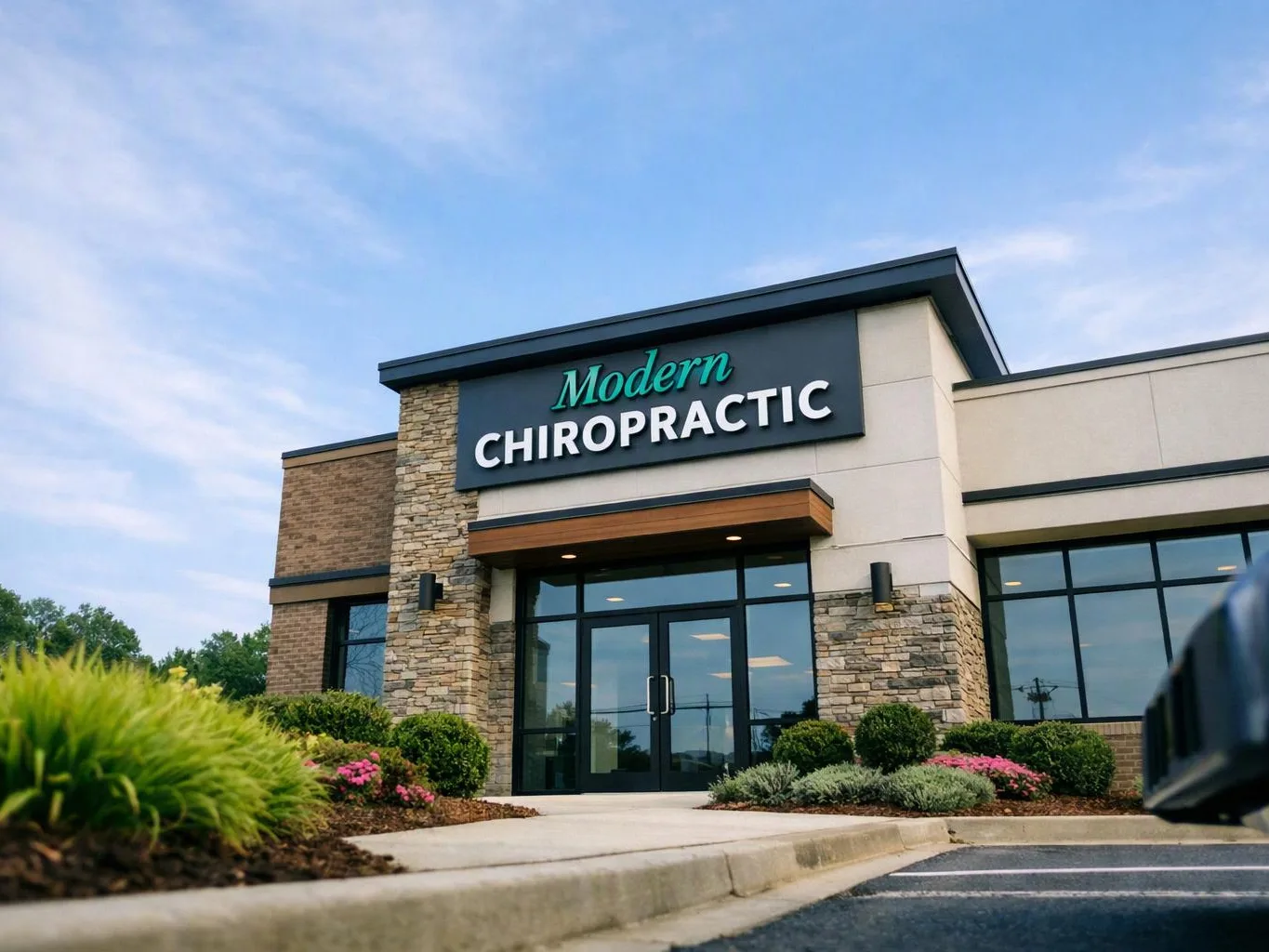Modern CHIROPRACTIC sign above a glass entrance to a tan and stone building