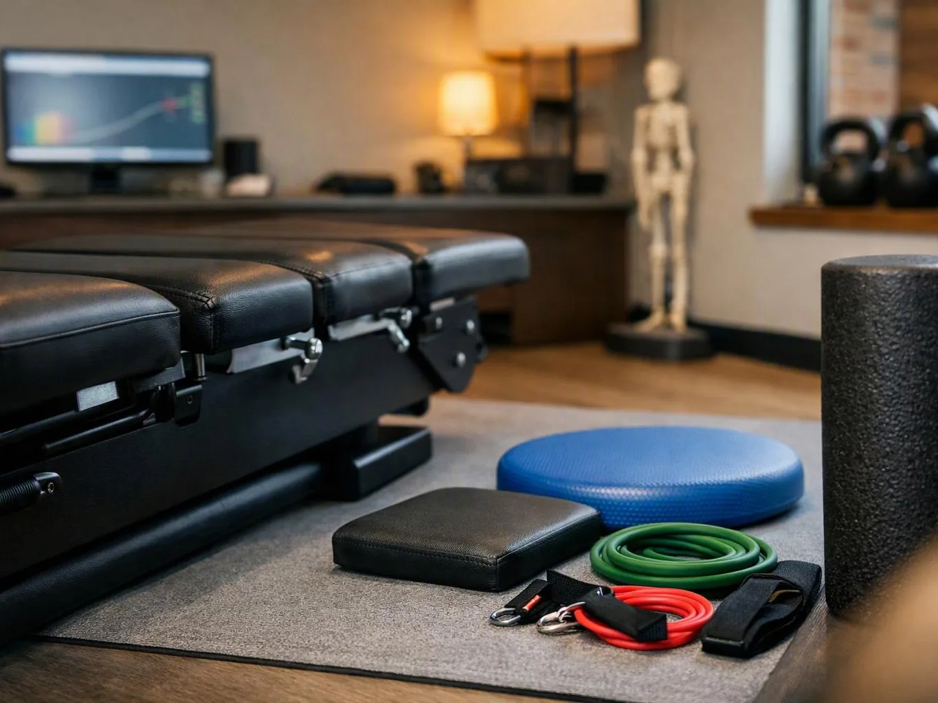 A padded treatment table sits beside exercise gear on a carpeted floor in a quiet therapy room