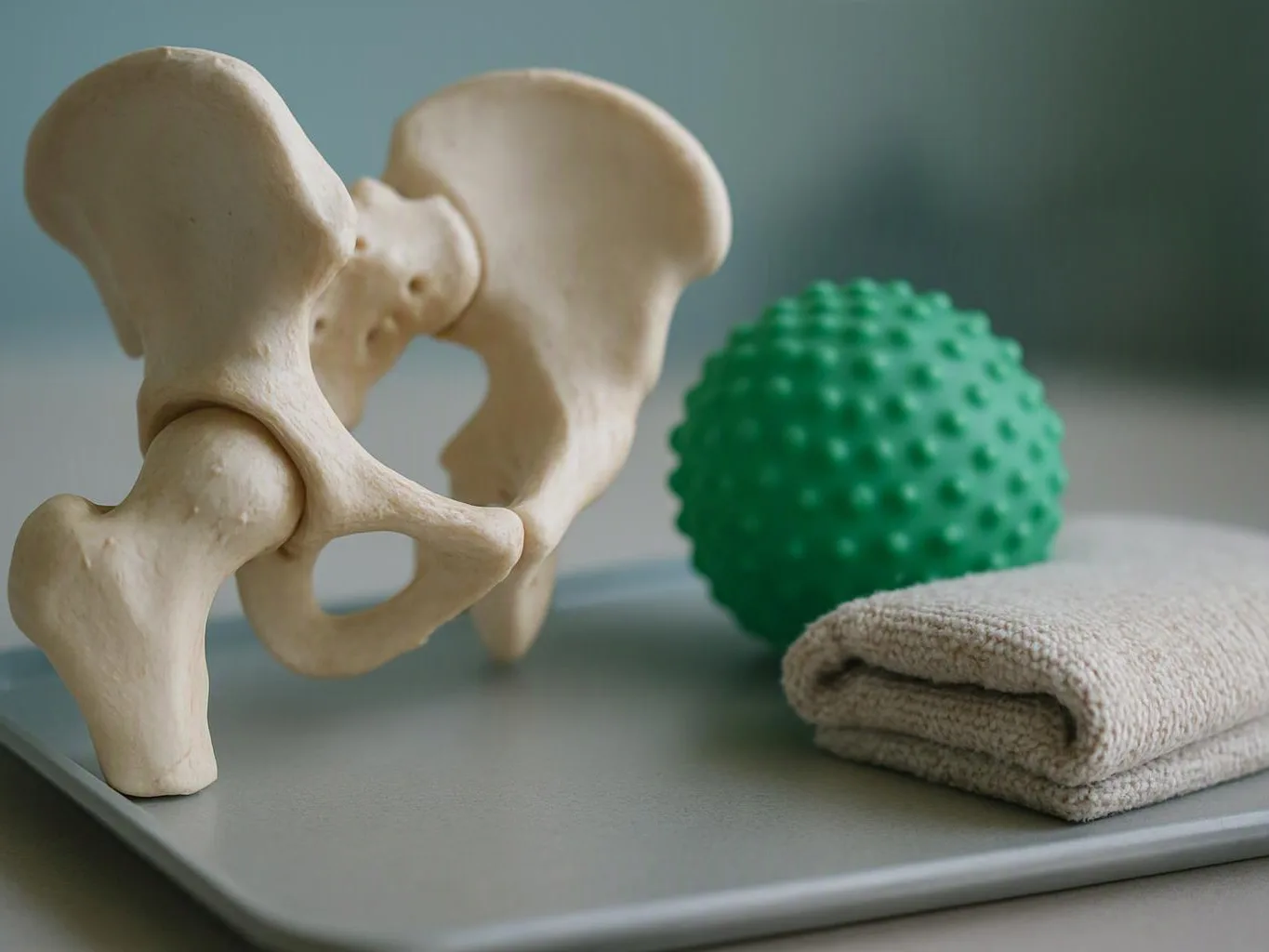 A pelvis model, green massage ball, and folded towel sit on a gray tray on a table