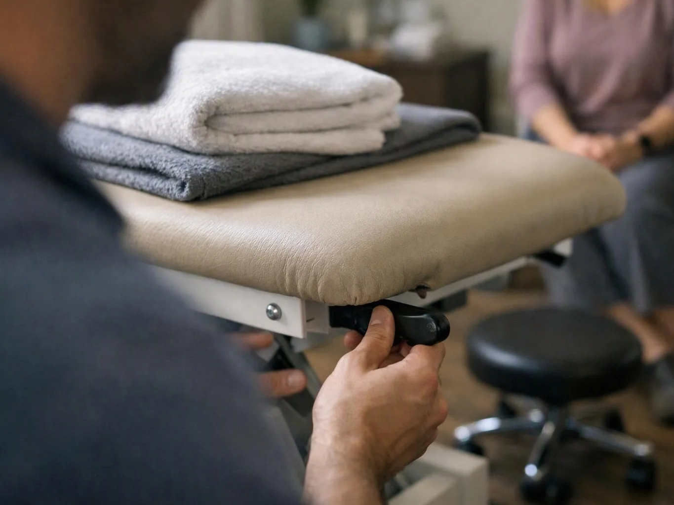 A person adjusts a padded treatment table with folded towels in a softly lit room
