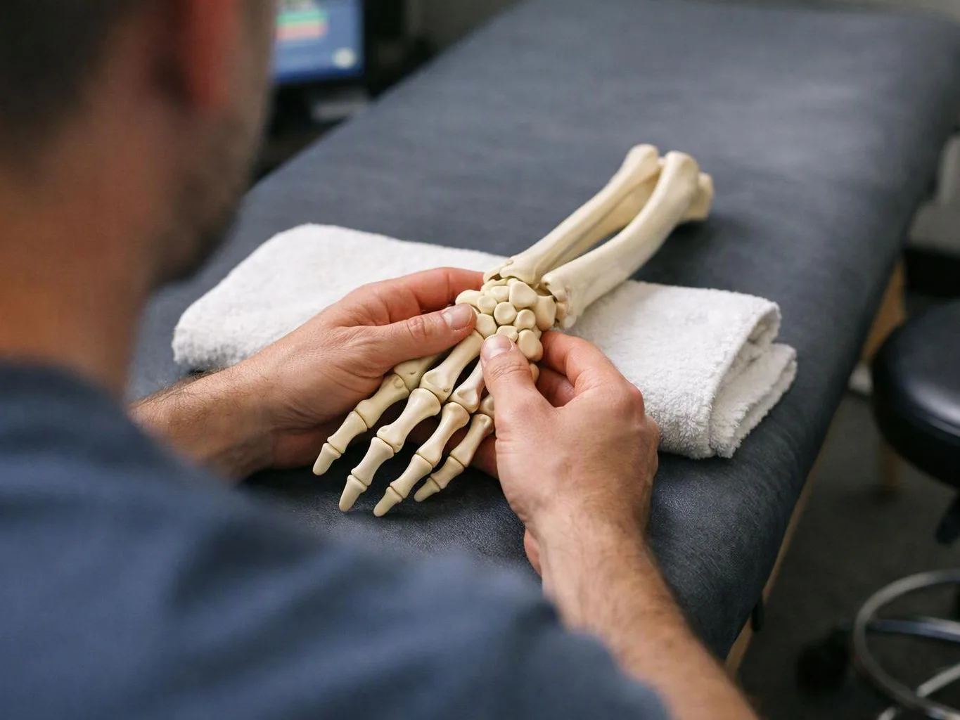 A person examines a plastic hand skeleton on a folded towel atop a padded table
