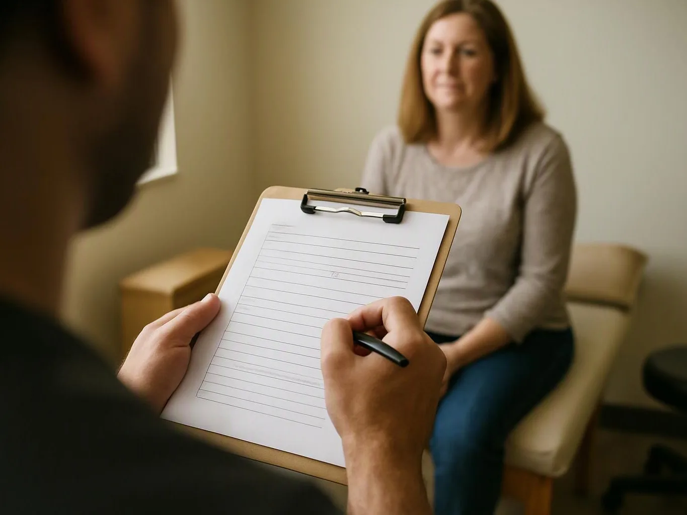 A person fills out a clipboard form while sitting across from a woman in a small 상담 room