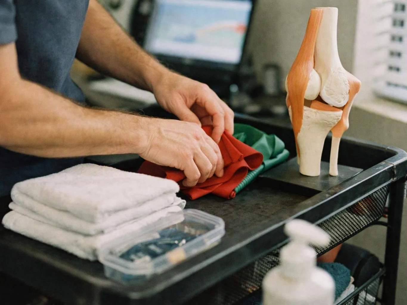 A person folds red and green cloth on a cart beside a knee joint model and towels