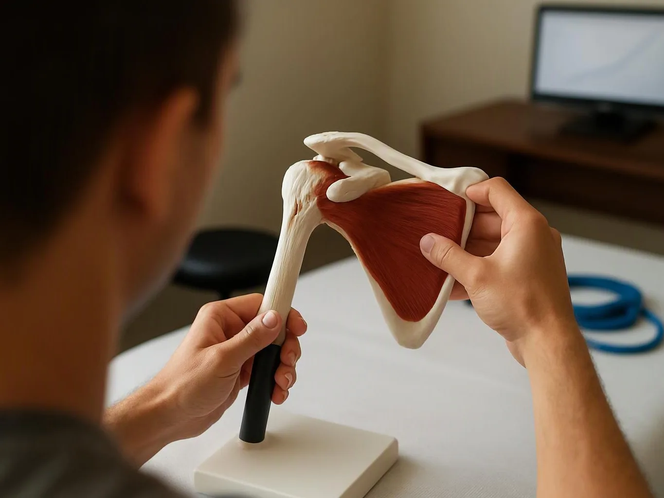 A person holds an anatomical shoulder model on a table in a bright room with a monitor in the background