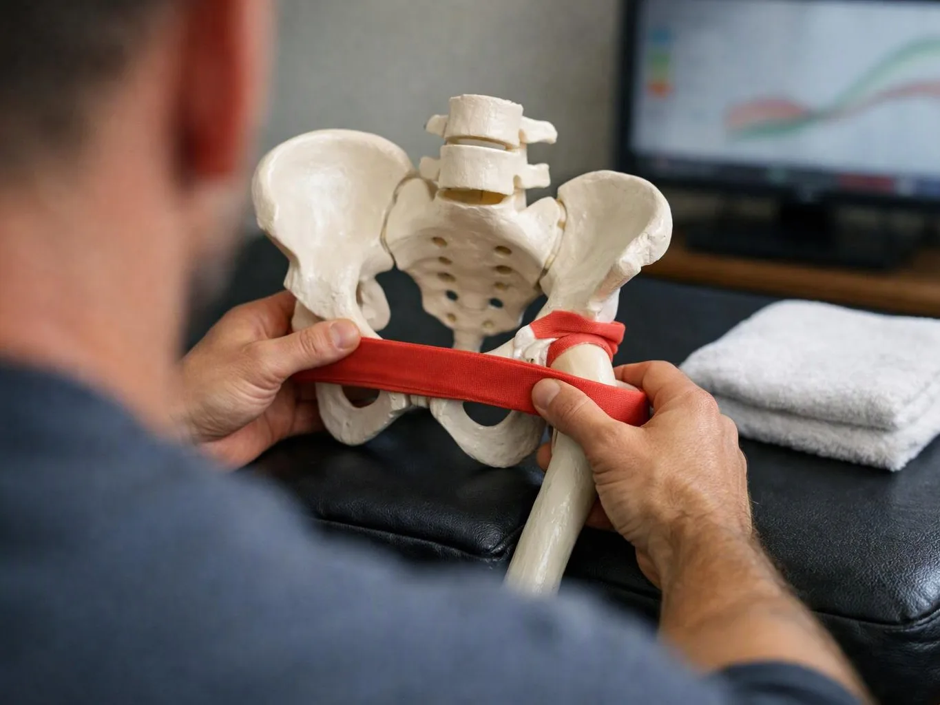 A person holds a pelvis model and stretches a red band around it on a black table