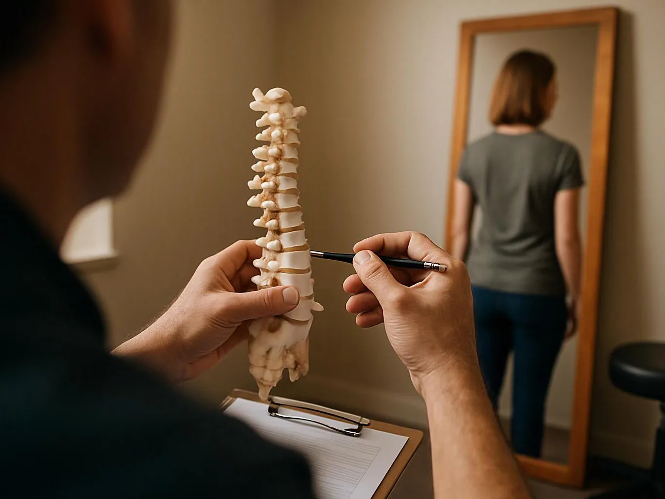 A person holds a spine model and points at it while another stands facing a mirror in a clinic room