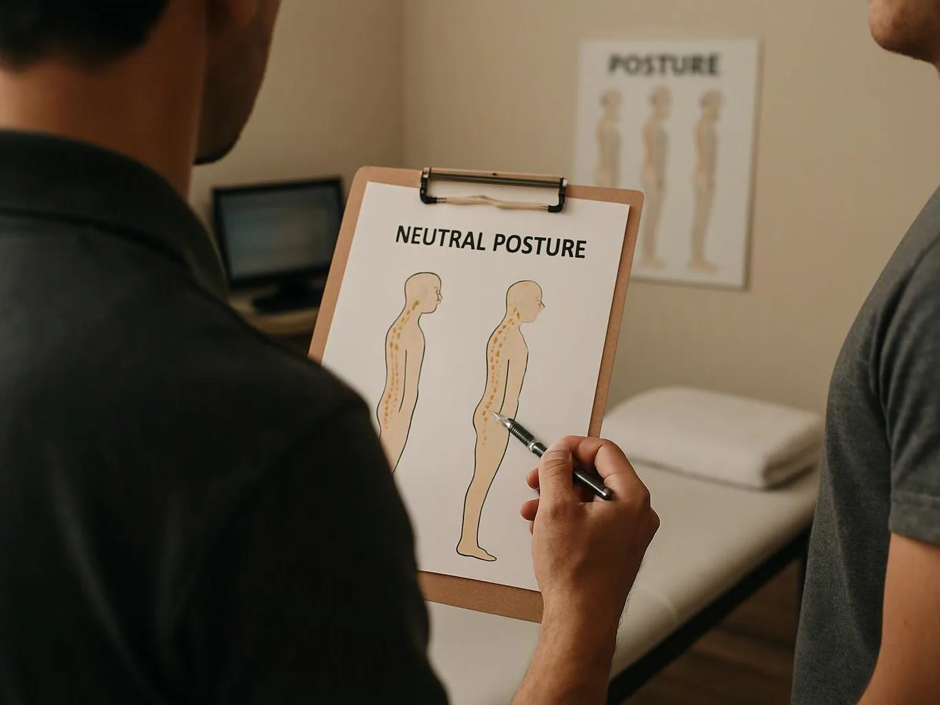 A person points to a posture chart on a clipboard in a clinic exam room
