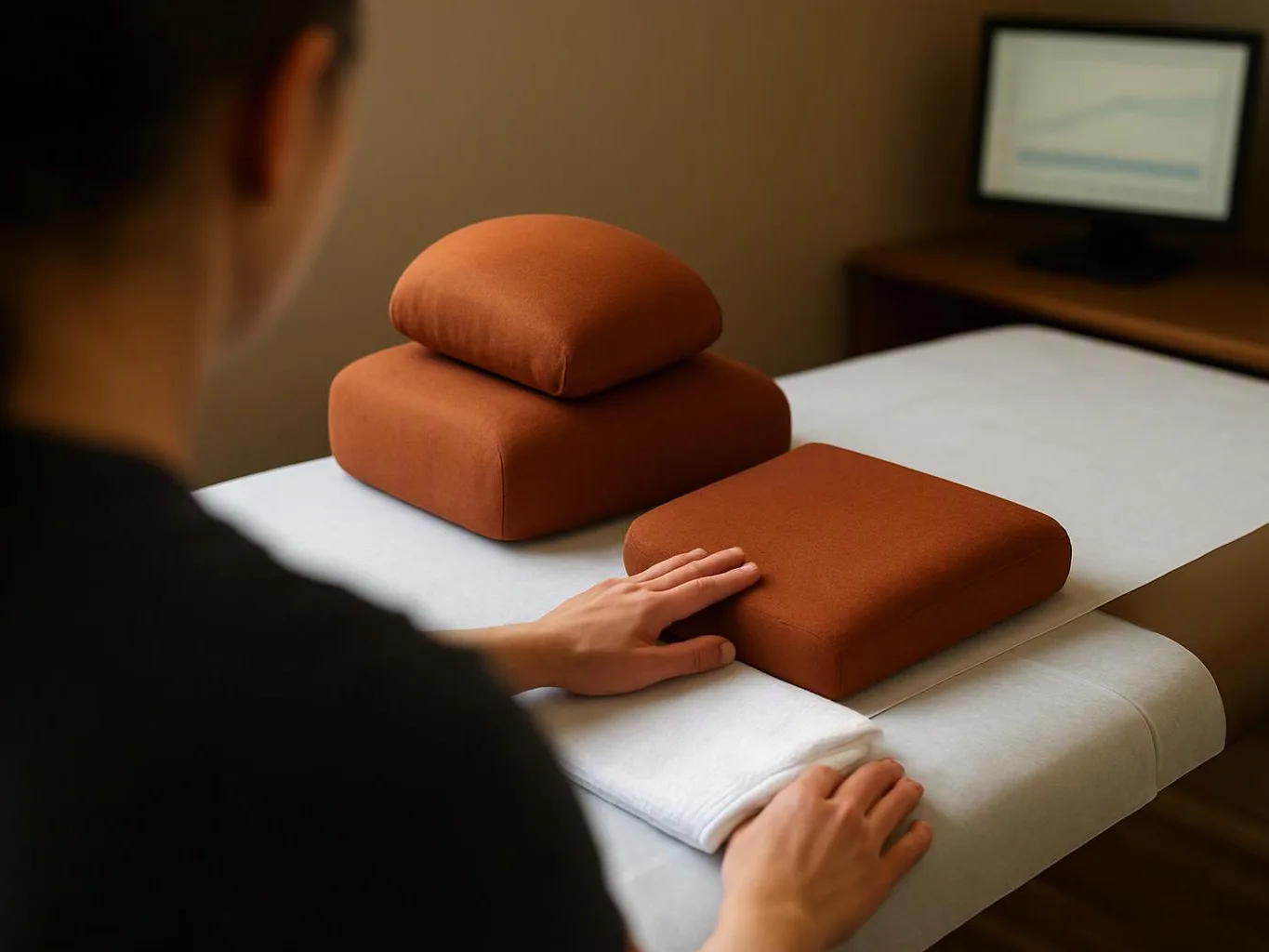 A person smooths a white sheet over stacked brown cushions on a massage table in a quiet room