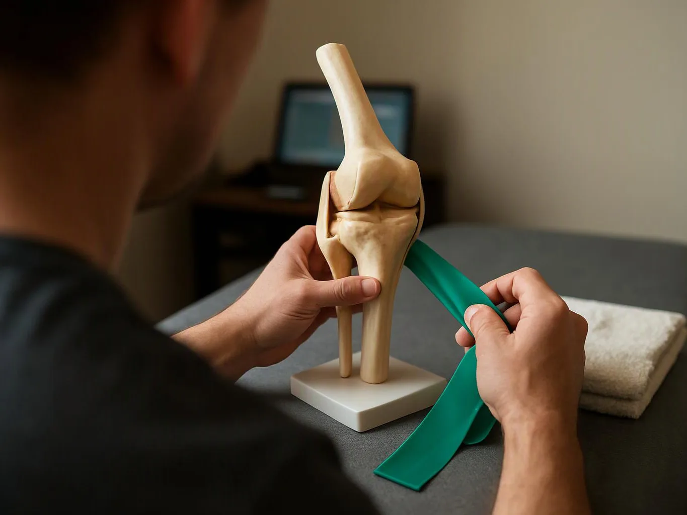 A person wraps a green exercise band around a knee joint model on a table