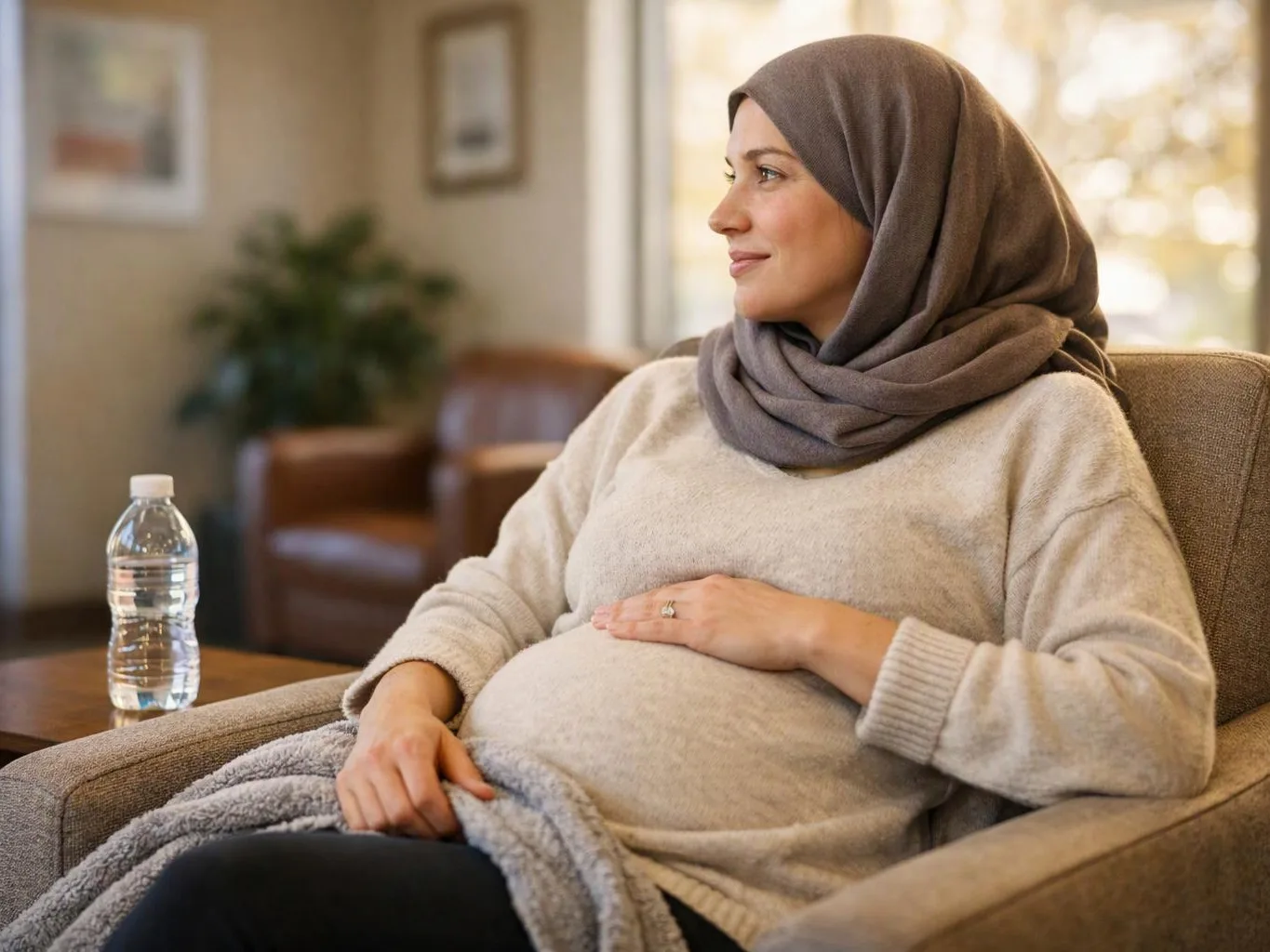 A pregnant woman in a hijab sits in an armchair, resting a hand on her belly beside a water bottle