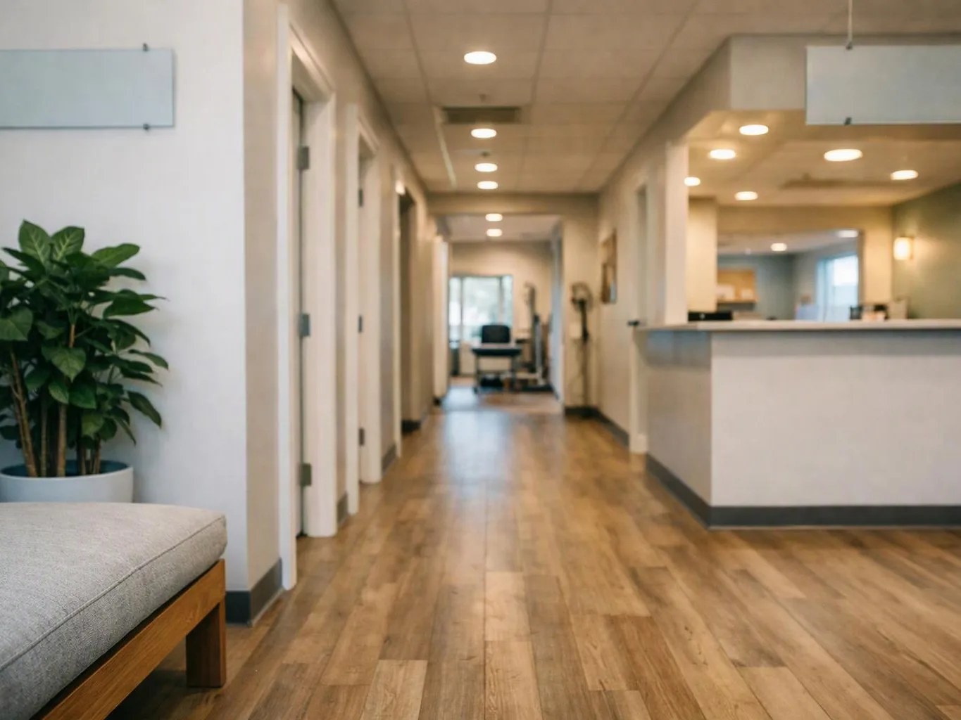 A quiet clinic hallway with wood floors, a reception counter, and a potted plant visible on the left