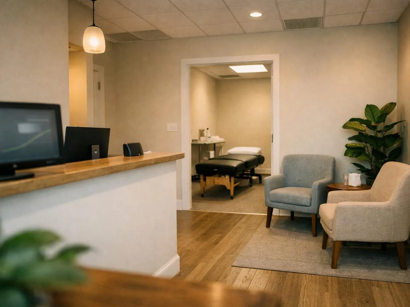 A quiet clinic waiting room shows two chairs, a reception counter, and an open treatment room with an exam table