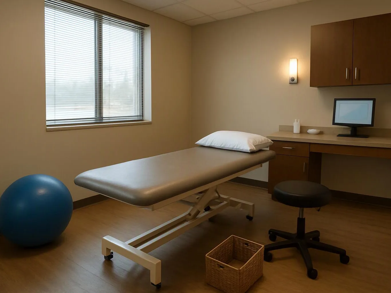 A quiet exam room has a treatment table, desk, stool, exercise ball, and window blinds