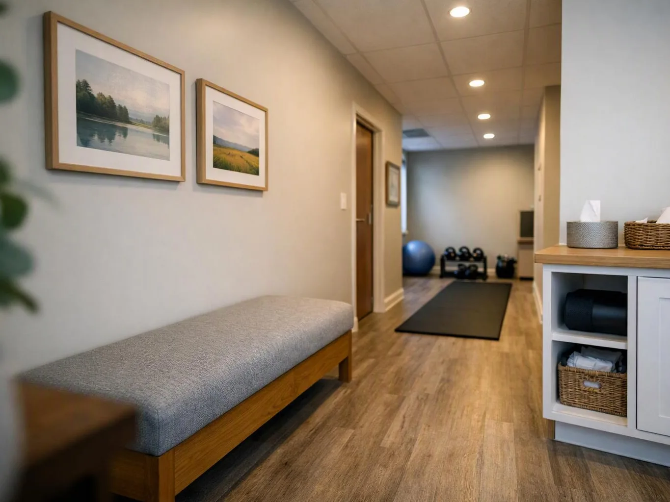 A quiet hallway leads to a small exercise room with a bench, mat, weights, and a blue stability ball