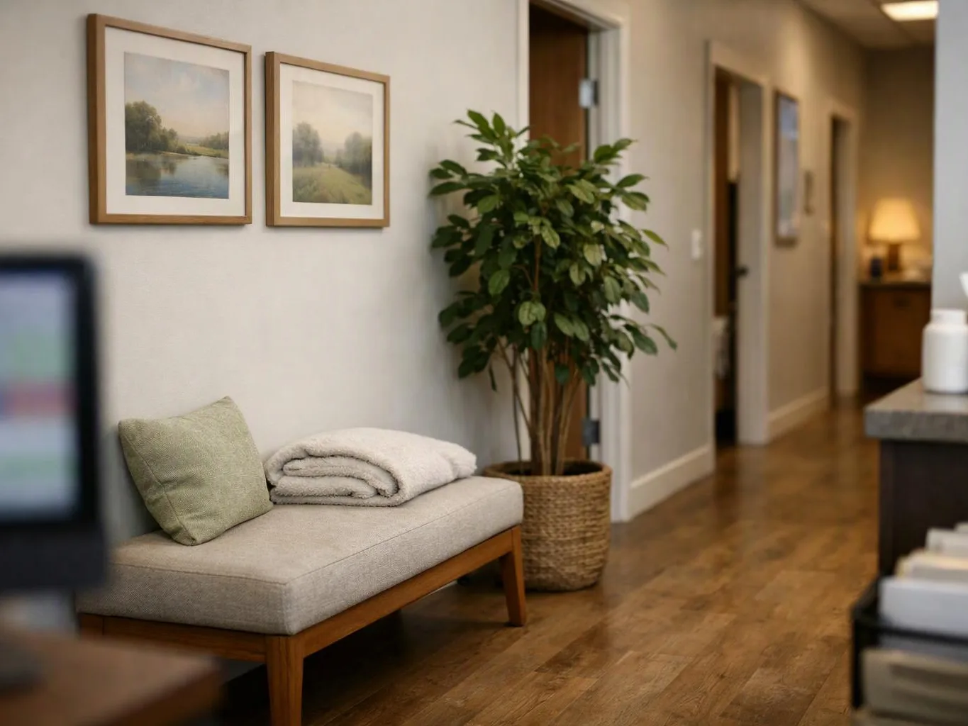 A quiet hallway seating area shows a cushioned bench, framed landscape art, a potted plant, and warm wood flooring