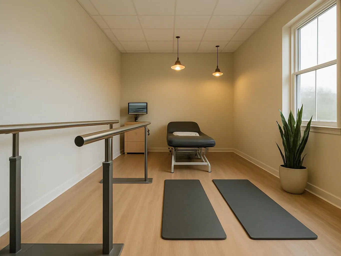 A quiet therapy room has a treatment table, parallel bars, two exercise mats, and a potted plant by the window