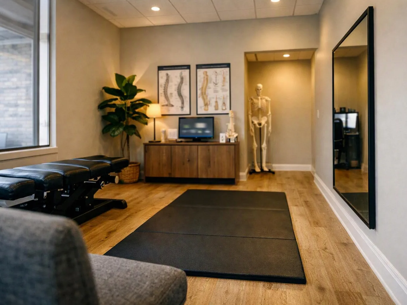 A quiet therapy room shows an exam table, black mats, a skeleton model, wall charts, and a mirror