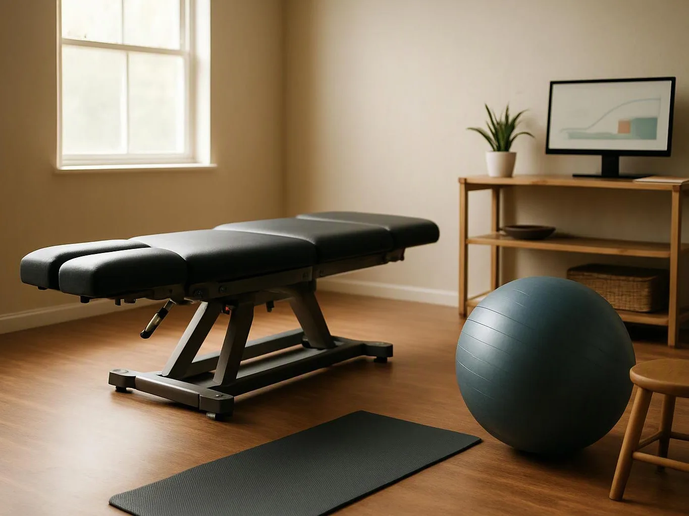 A quiet therapy room shows a treatment table, exercise ball, mat, and a shelf with a plant and monitor