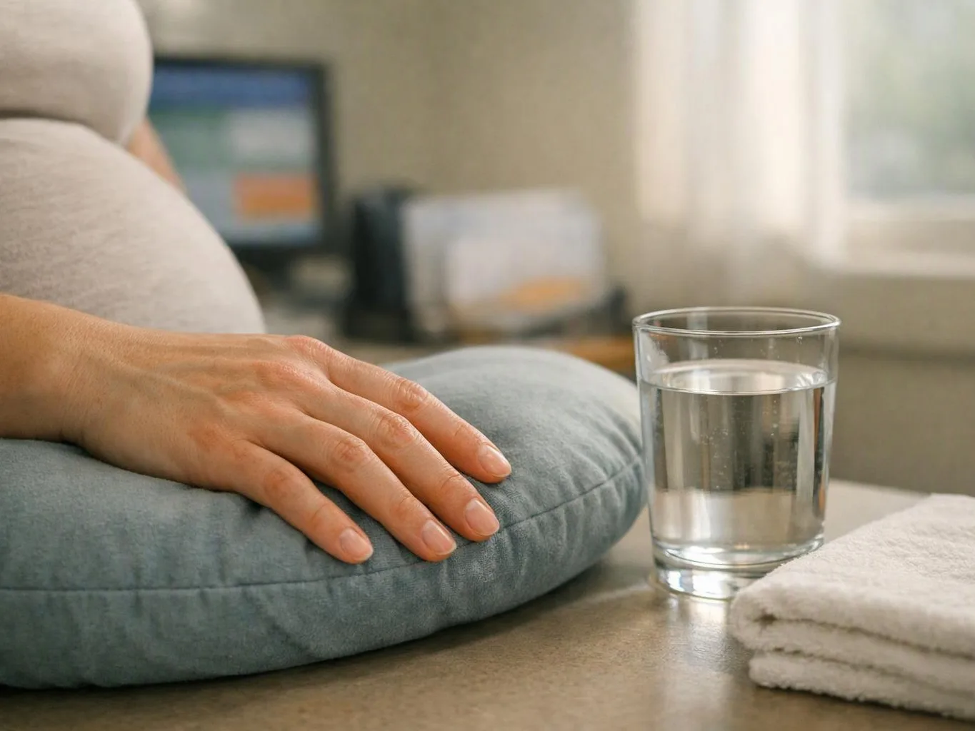 A resting hand lies on a blue cushion beside a glass of water and folded towel on a table