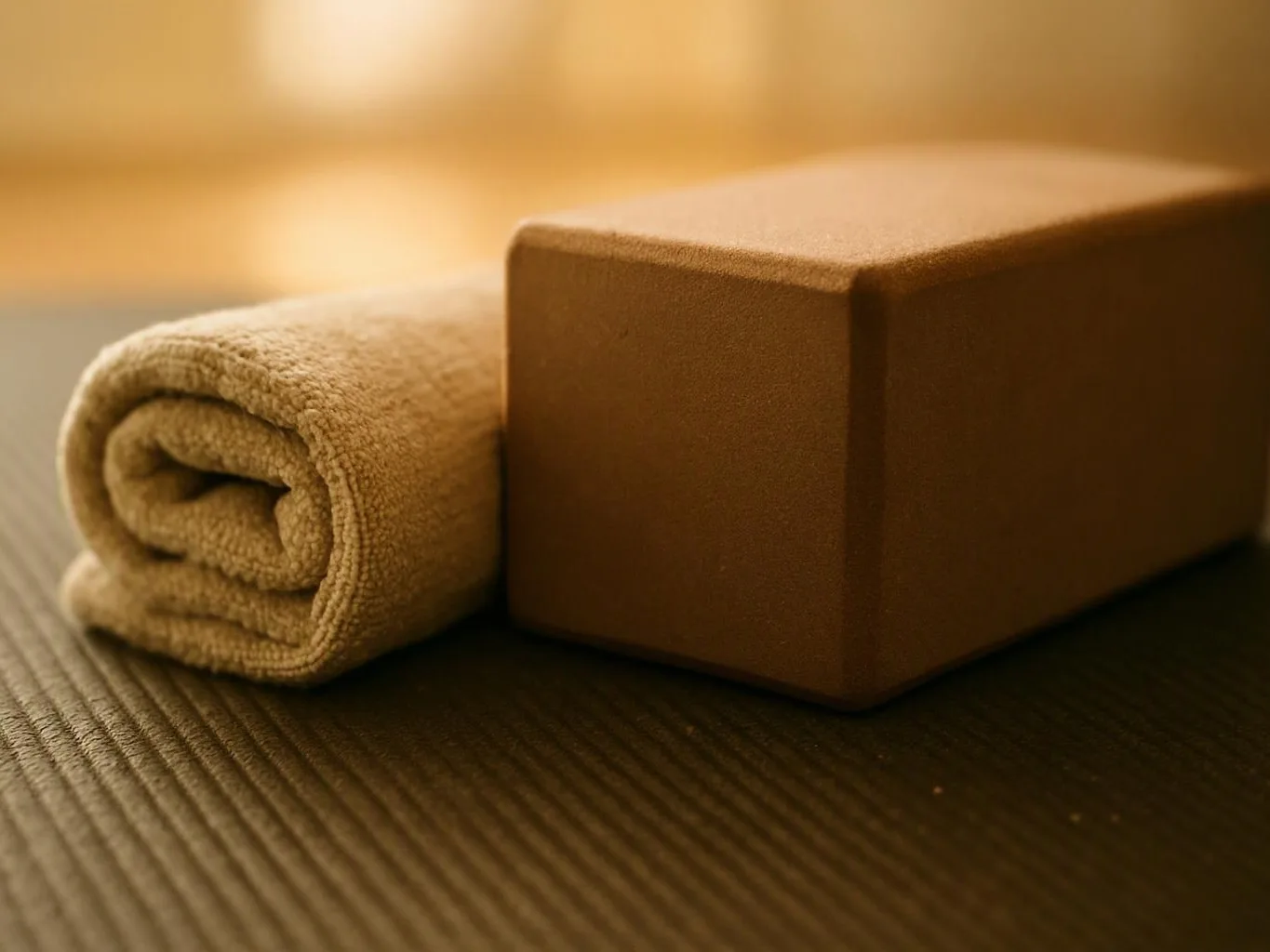 A rolled beige towel rests beside a brown rectangular block on a wooden surface