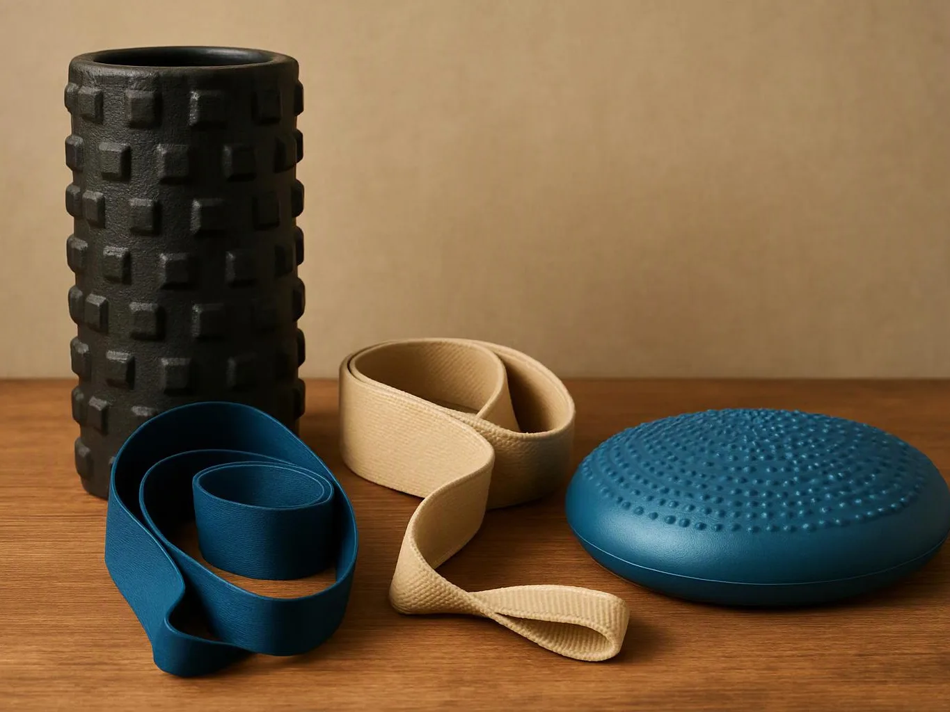 Several exercise tools rest on a wooden table, including foam rollers, resistance bands, and a balance cushion