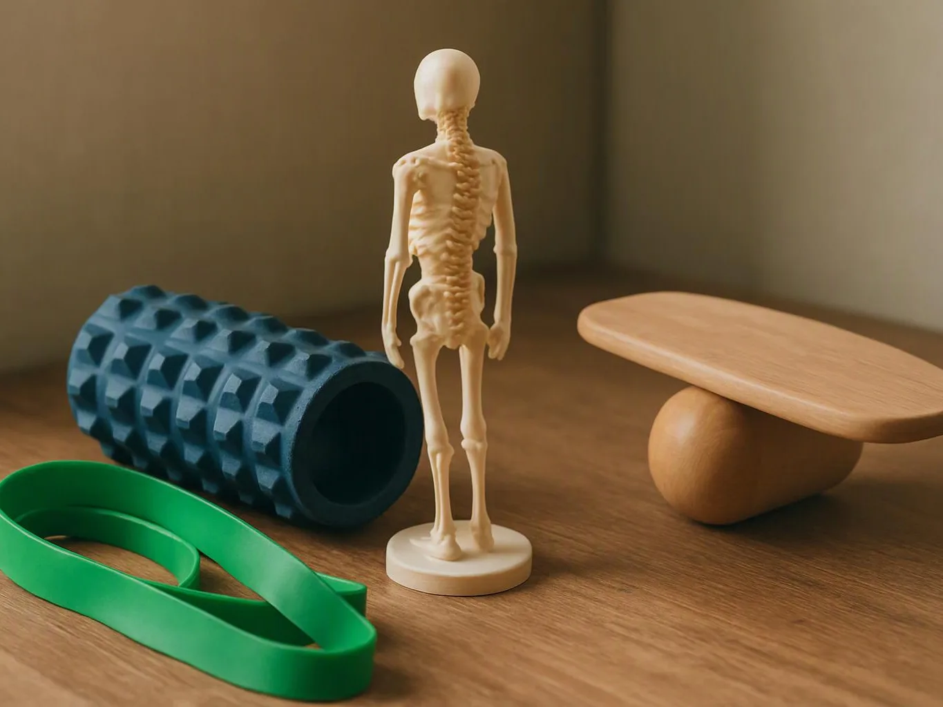 A small skeleton figurine stands between a foam roller, green exercise band, and balance board on a wooden floor