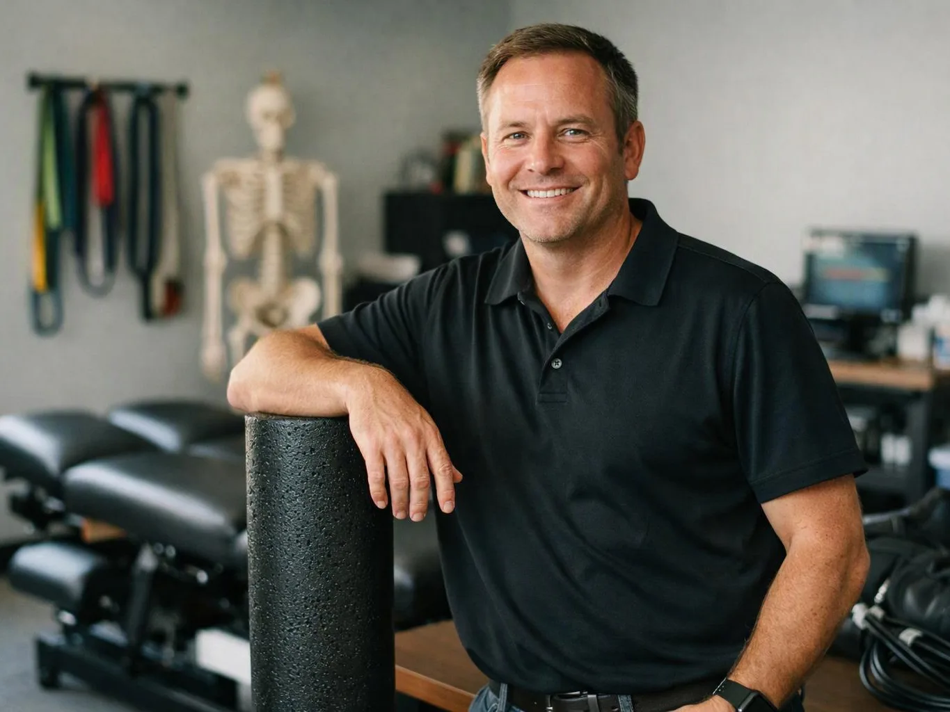 A smiling man in a black polo leans on a foam roller inside a therapy room with treatment tables and exercise bands