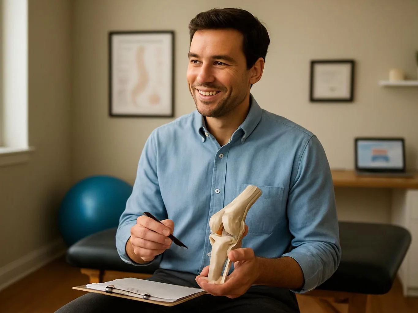 A smiling man in a blue shirt holds a knee model and pen in a therapy room