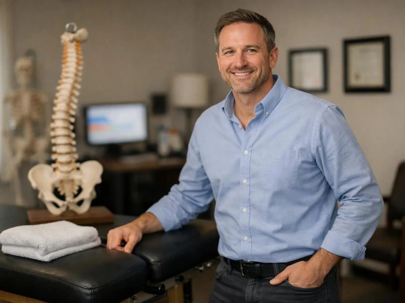 A smiling man in a blue shirt stands beside a treatment table in a clinic with a spine model behind him