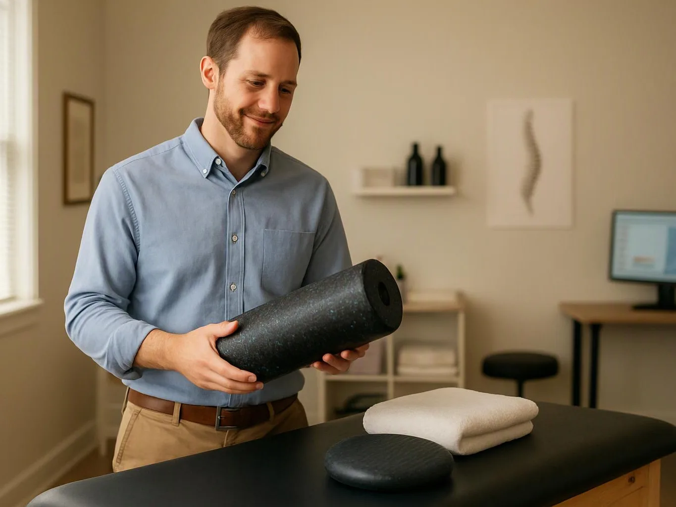 A smiling man holds a black foam roller beside a treatment table with folded towels in a calm room