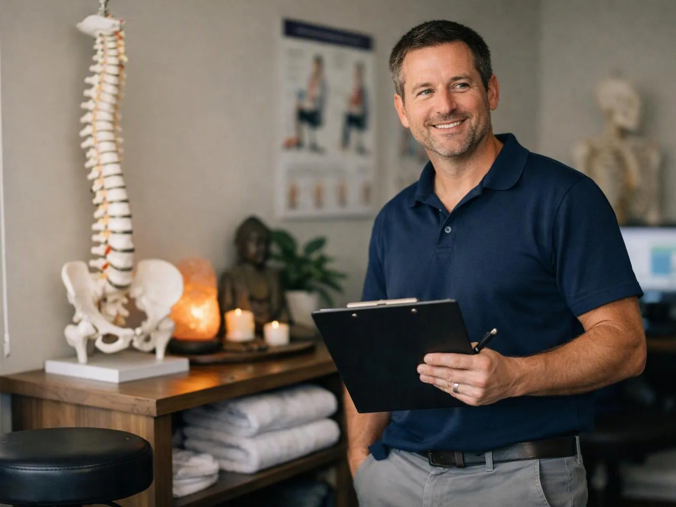 A smiling man holds a clipboard in a clinic room beside a spine model and skeleton display
