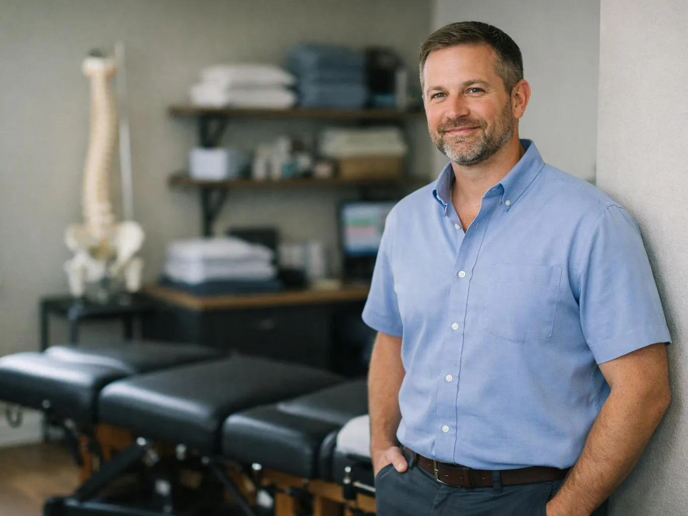 A smiling man in a light blue shirt stands in a therapy room beside a padded treatment table