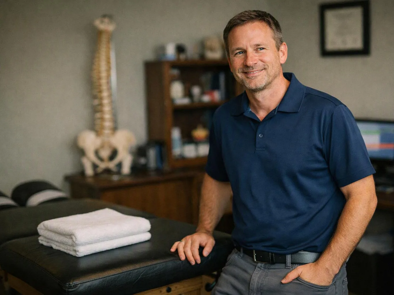 A smiling man in a navy polo stands beside a massage table with folded white towels in a clinic room