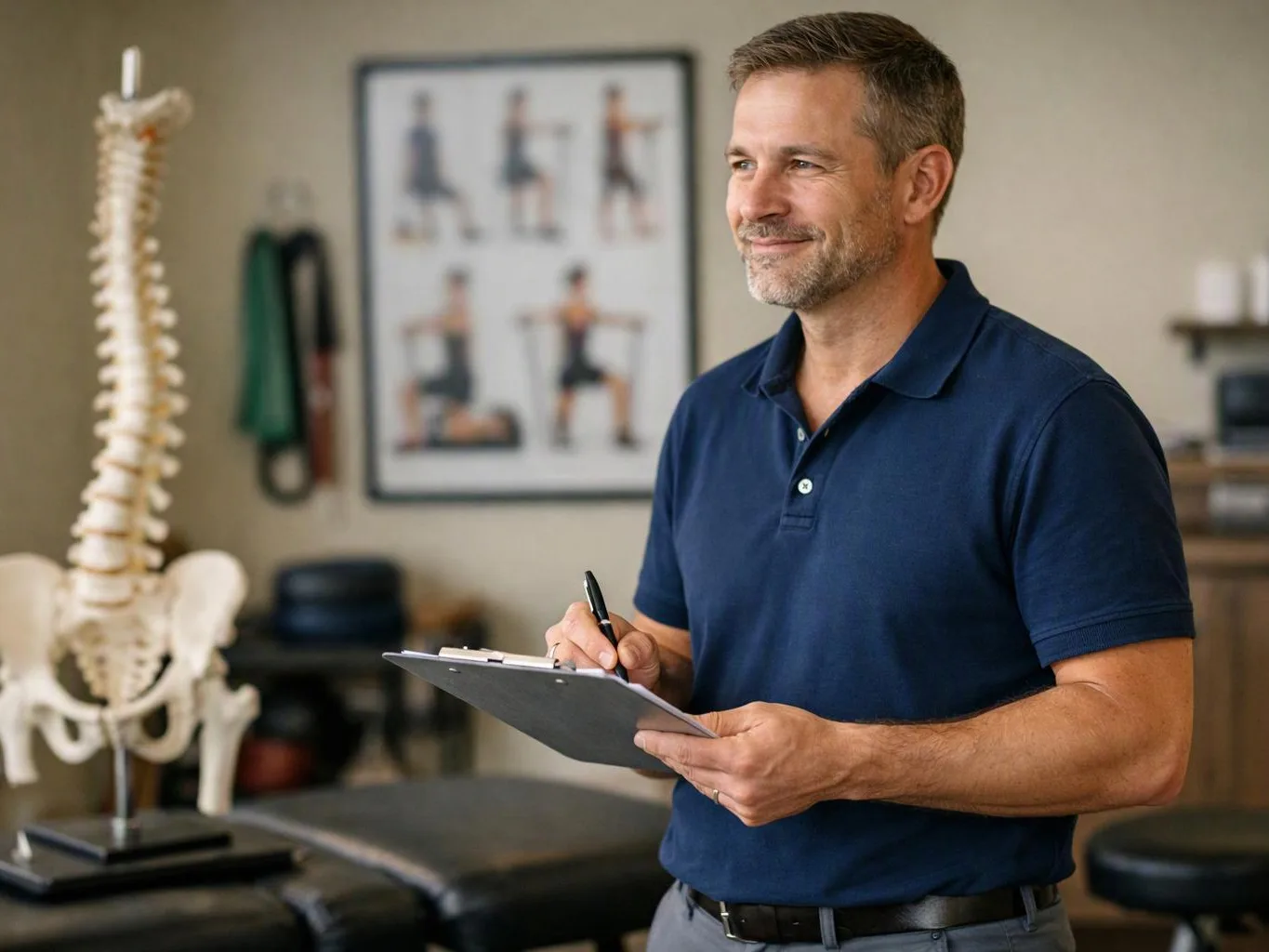 A smiling man in a navy polo writes on a clipboard in a clinic room beside a spine model