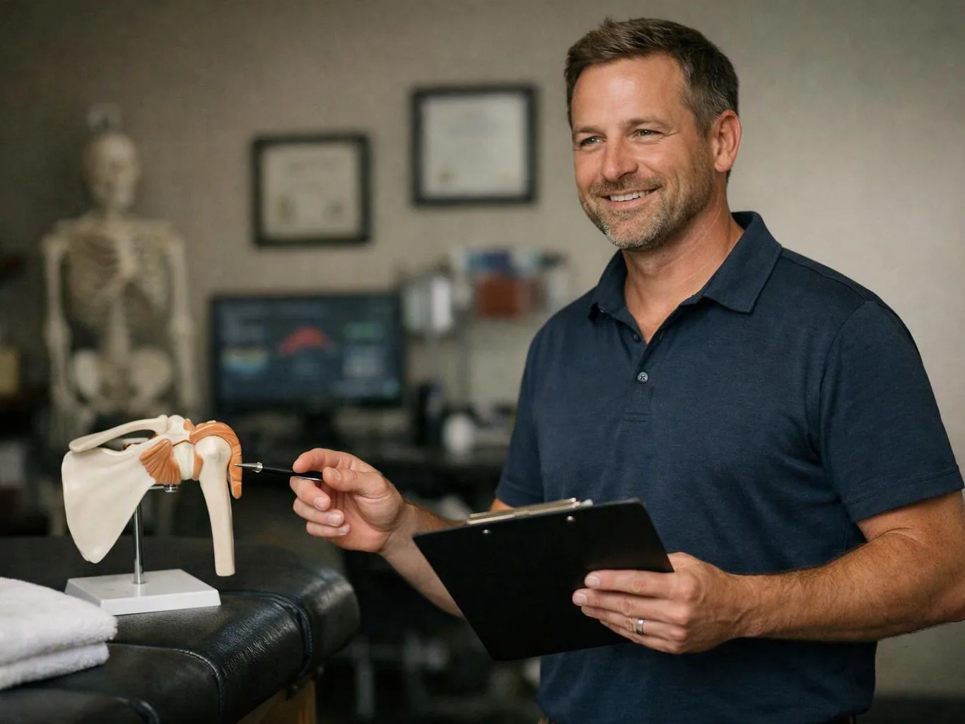 A smiling man points at a shoulder model while holding a clipboard in a clinic room