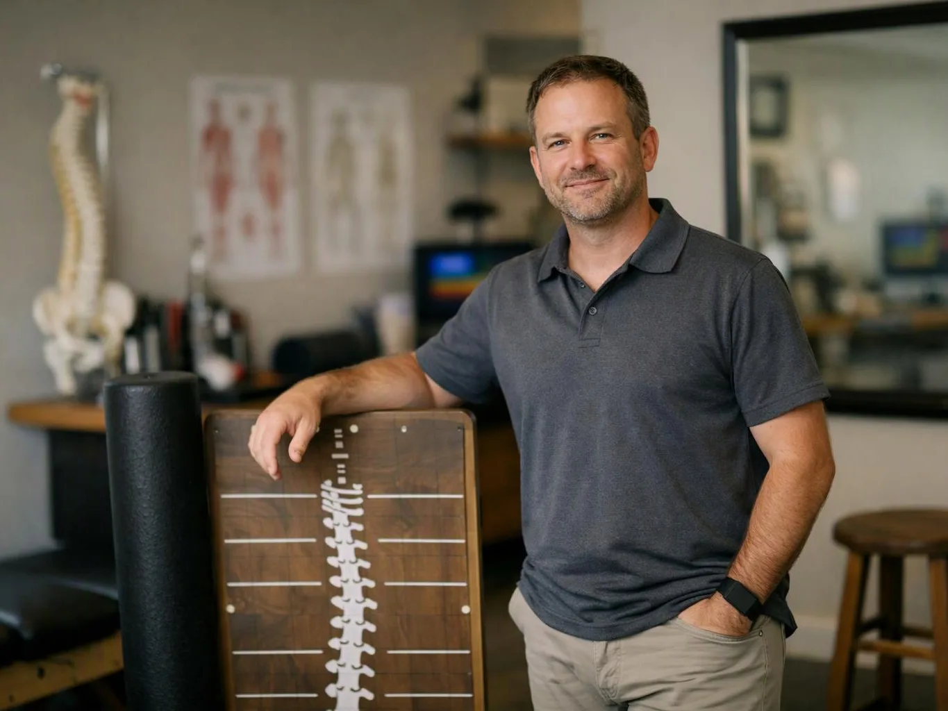 A smiling man stands beside a spine model and exercise board in a clinic room