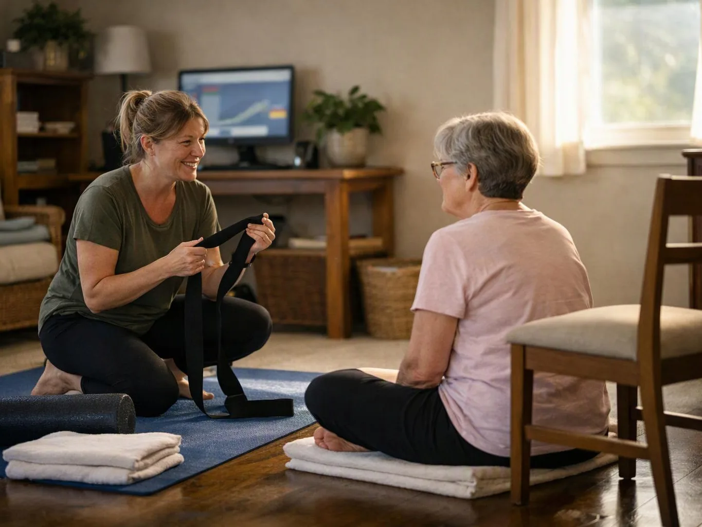 A smiling woman kneels holding a strap while talking to an older woman seated on folded towels in a living room