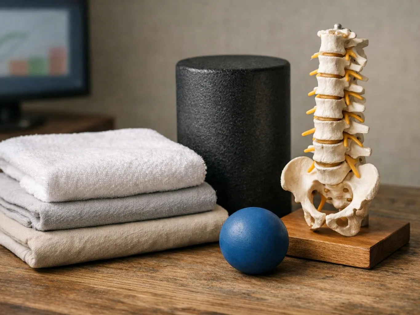 A spine model, massage ball, foam roller, and folded towels sit on a wooden table