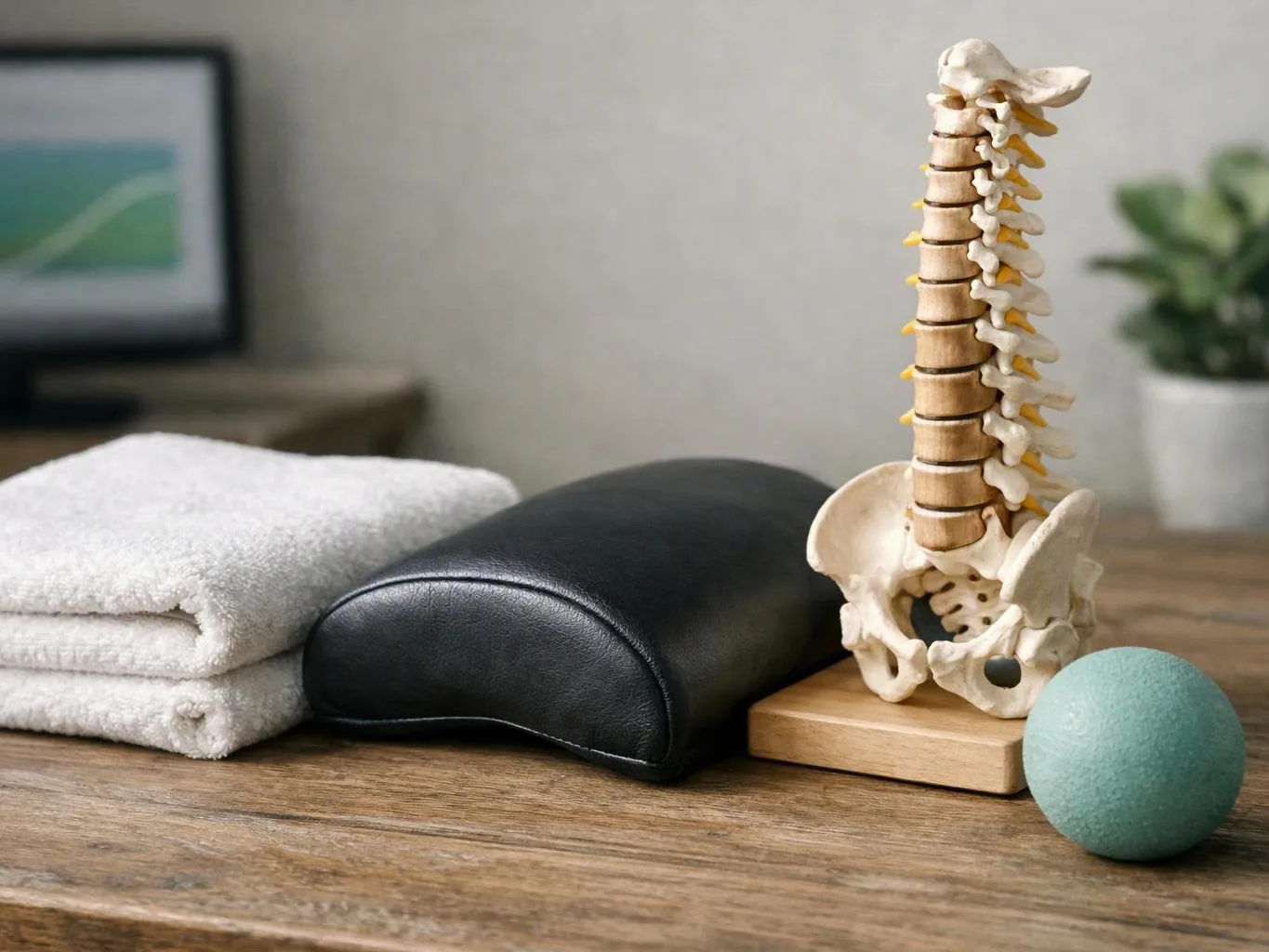 A spine model stands beside folded towels, a black cushion, and a massage ball on a wooden table