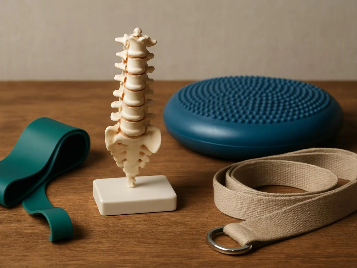A spine model stands on a table beside exercise props, a blue balance cushion, a teal band, and a beige strap
