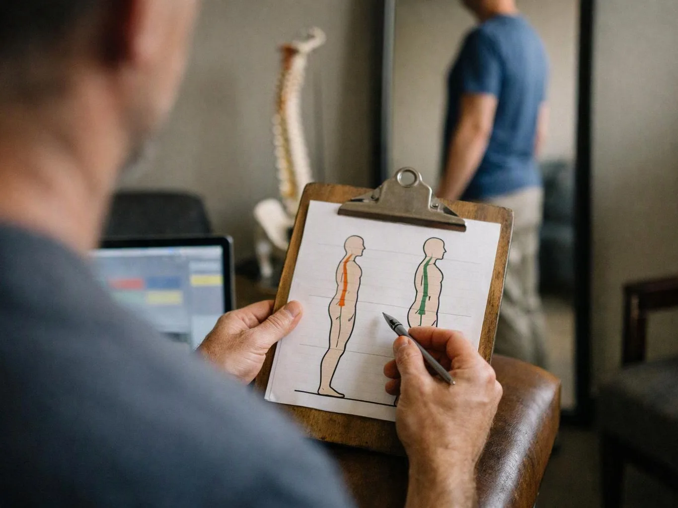 A therapist marks posture diagrams on a clipboard while another man stands blurred in the background