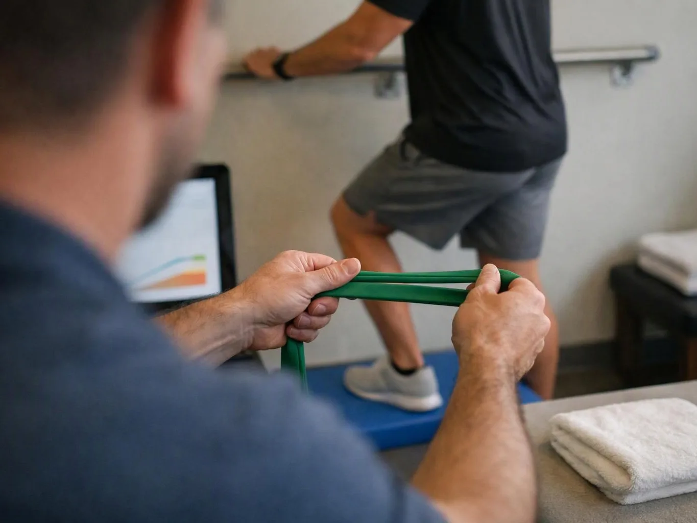 A therapist stretches a green resistance band while a man exercises on a blue mat in a clinic room